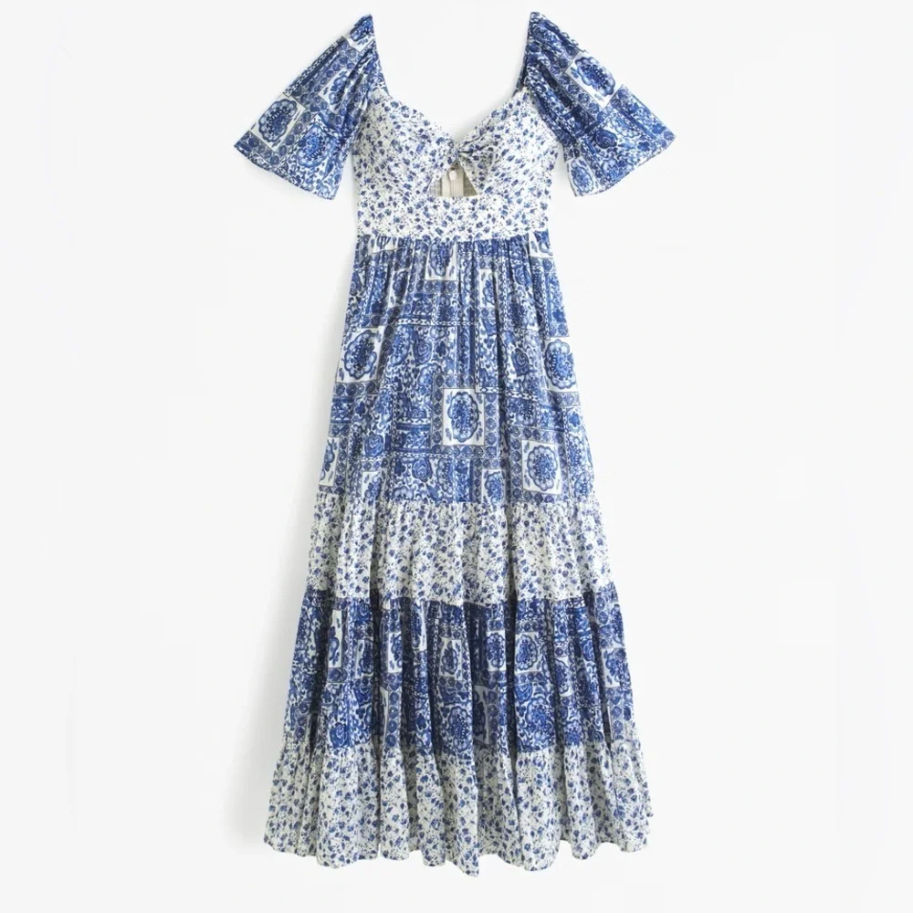 New! Abercrombie & Fitch twist tied blue print tiered maxi dress 37552.